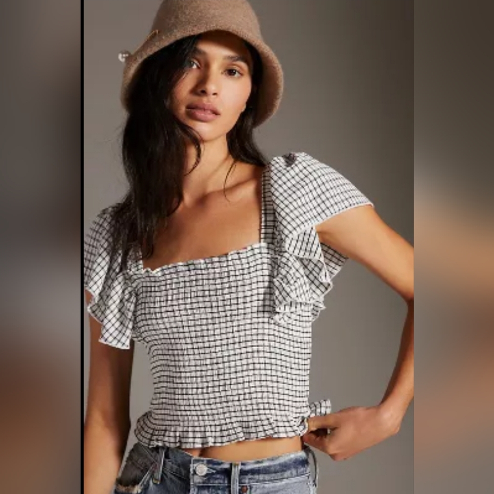 Anthropologie Checkered Smocked Ruffle Sleeve Top Size Large